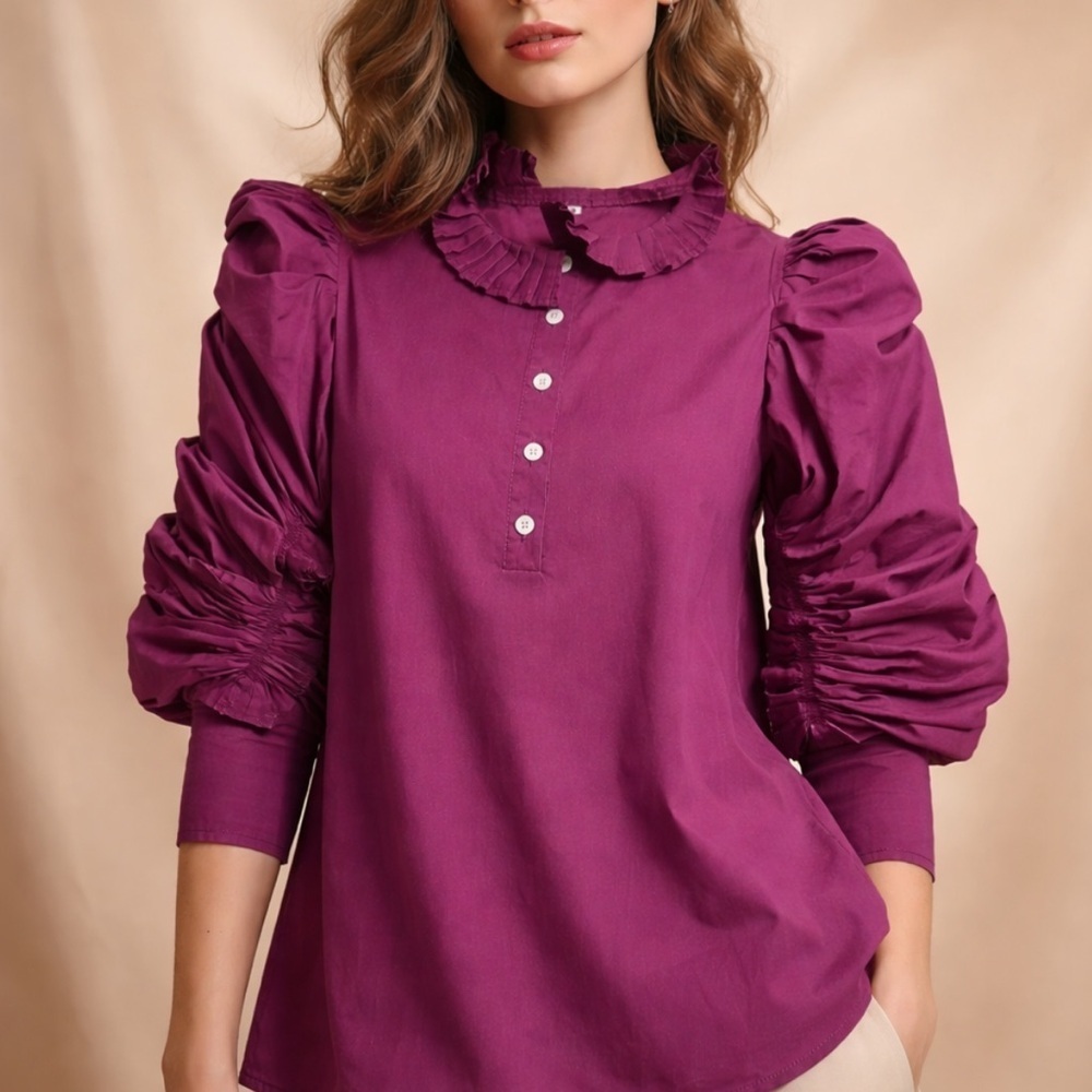 Urban Romantic Women's Ruched Sleeve Top - Purple Size Small